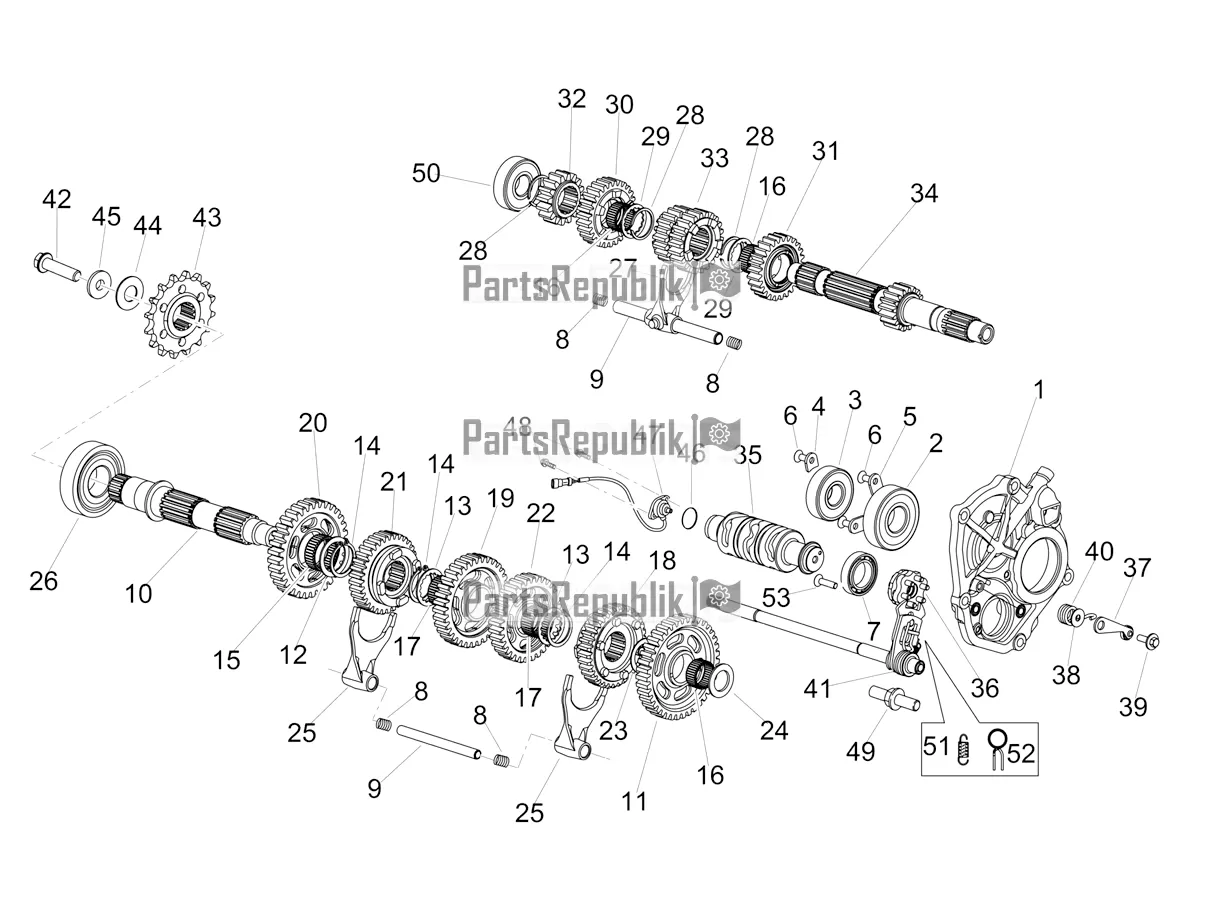 All parts for the Gear Box - Gear Assembly of the Aprilia Tuono V4 1100 USA E5 2021