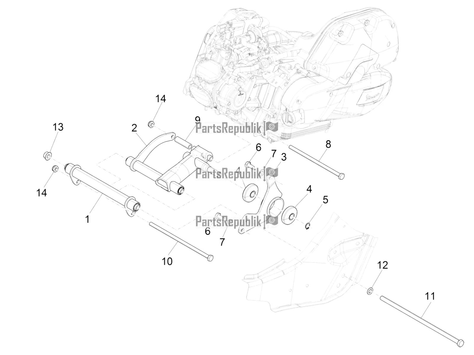 All parts for the Swinging Arm of the Vespa GTS 125 ABS 2019